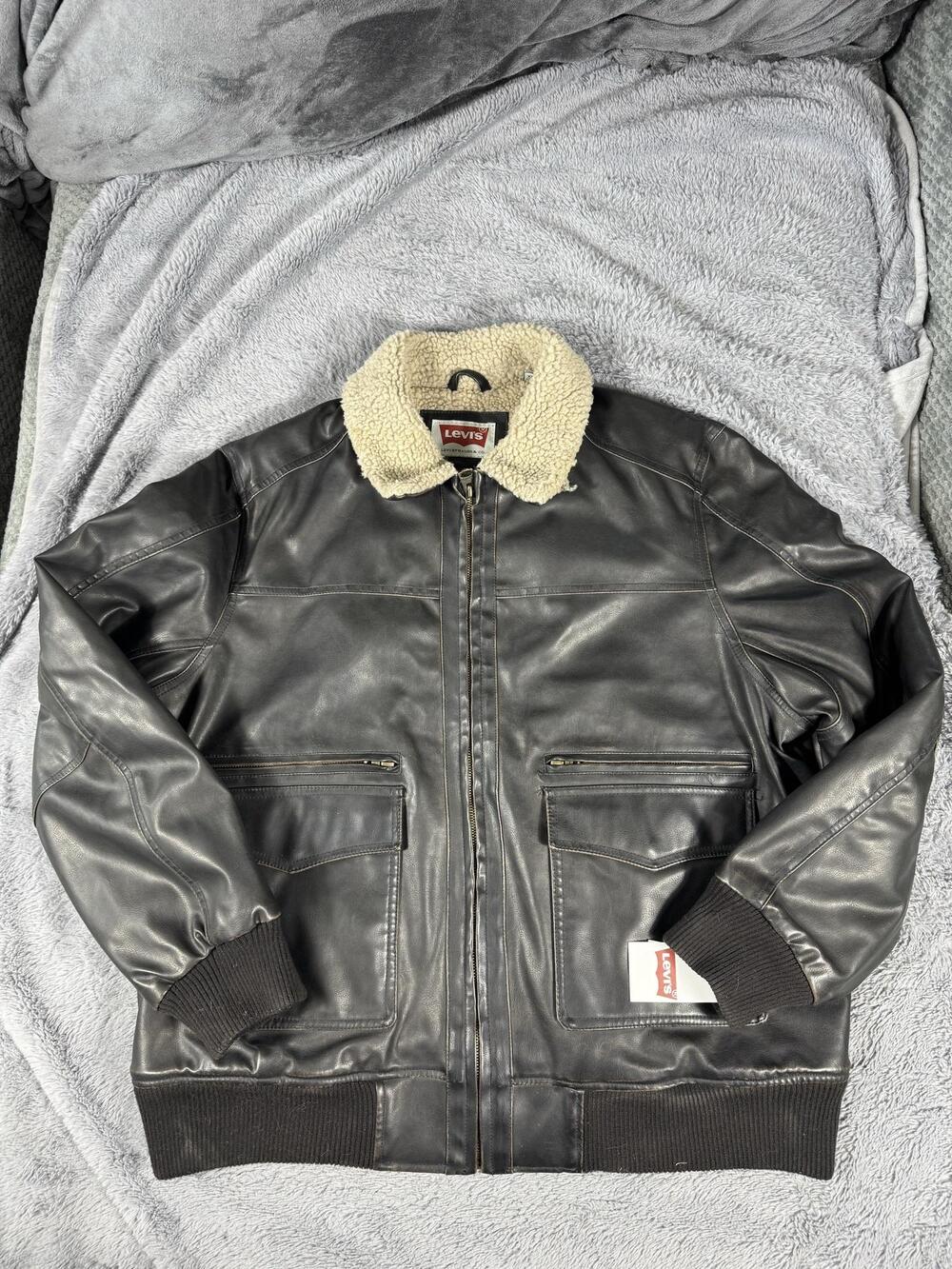 Levi's Jacket Mens 2XL Black Faux Leather Sherpa Lined Full Zip Bomber